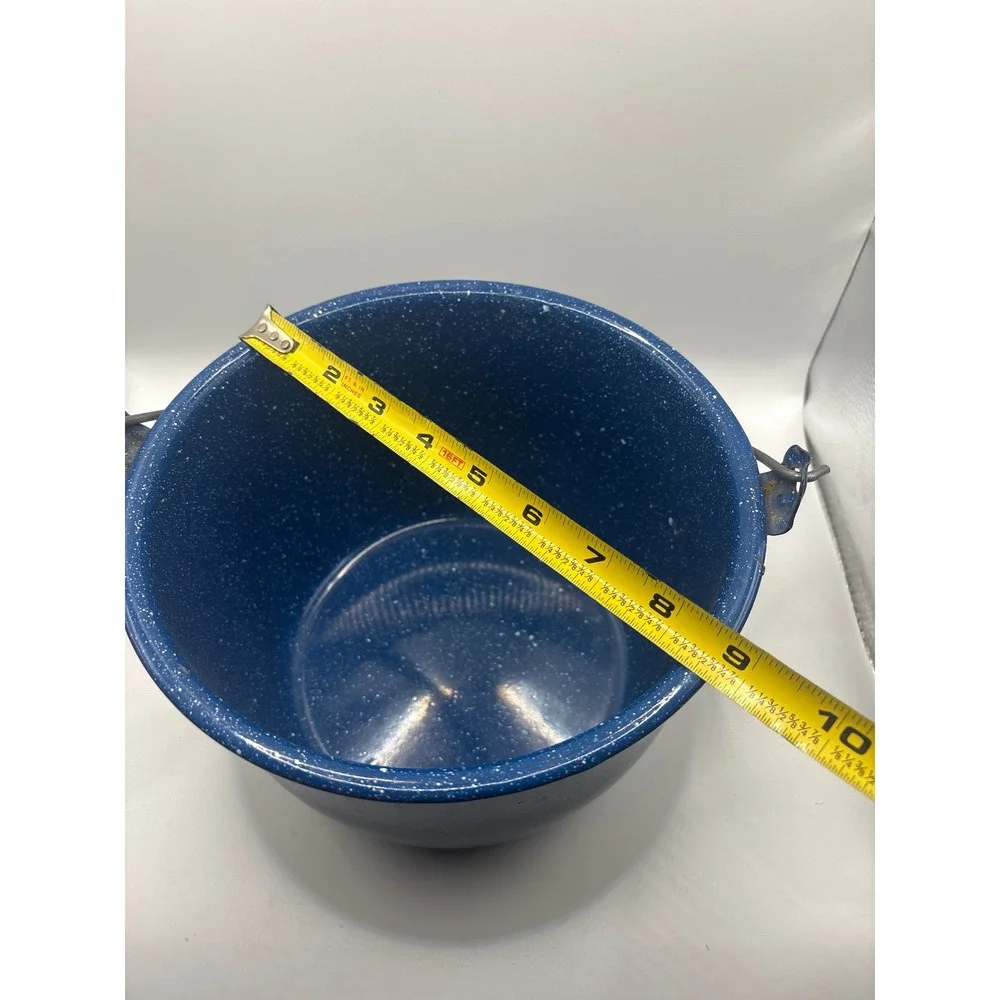 Vintage Blue Speckle Enamelware Pot Wire Bail Handle Graniteware Farmhouse Decor